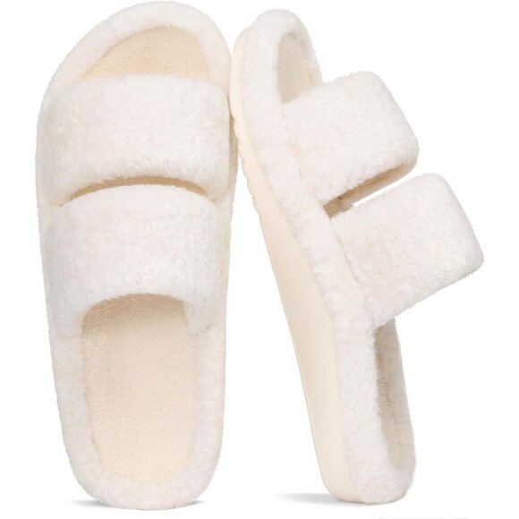Shoes - Women's White Fuzzy House Slippers with Moderate Arch Support Open Toe Cozy